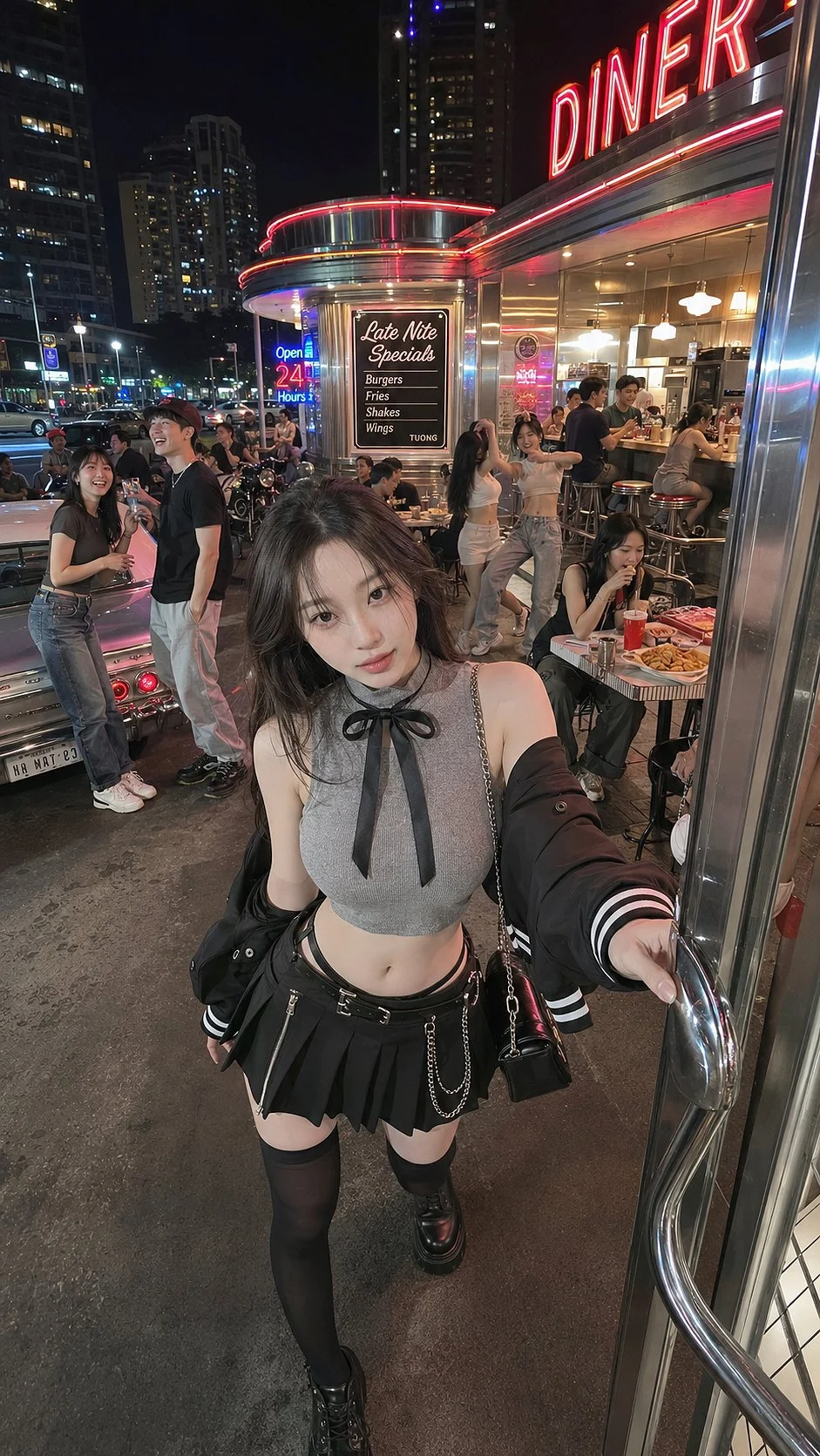 A woman in a gray cropped top, dark pleated skirt and jacket stands at a neon-lit diner doorway.