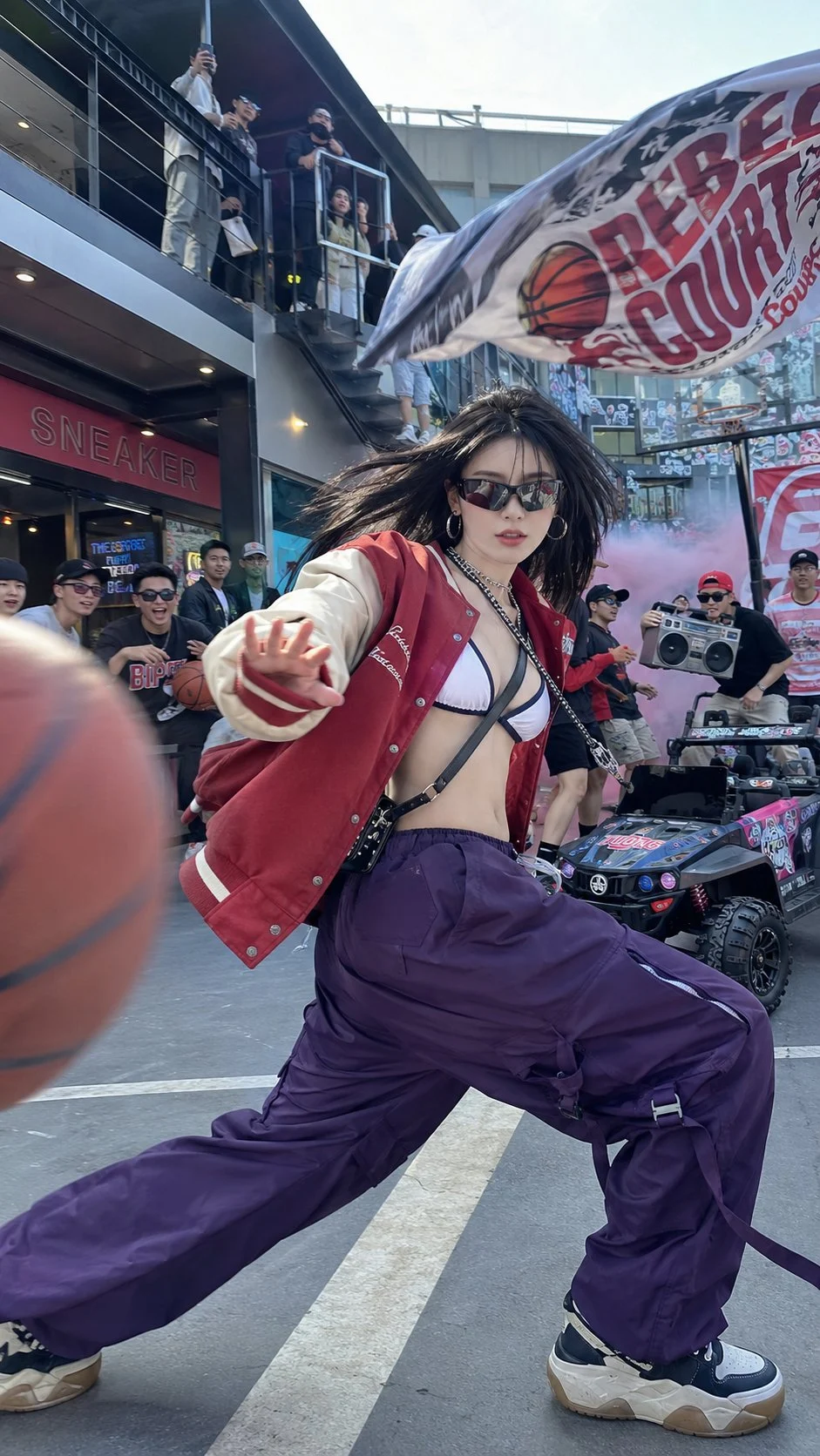 A person wearing a red jacket, sunglasses and loose purple trousers lunges toward a basketball on a city street.