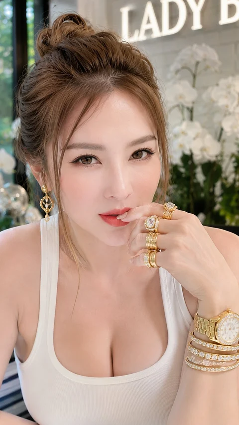 A woman in a white sleeveless top poses with gold bracelets and rings near her face.