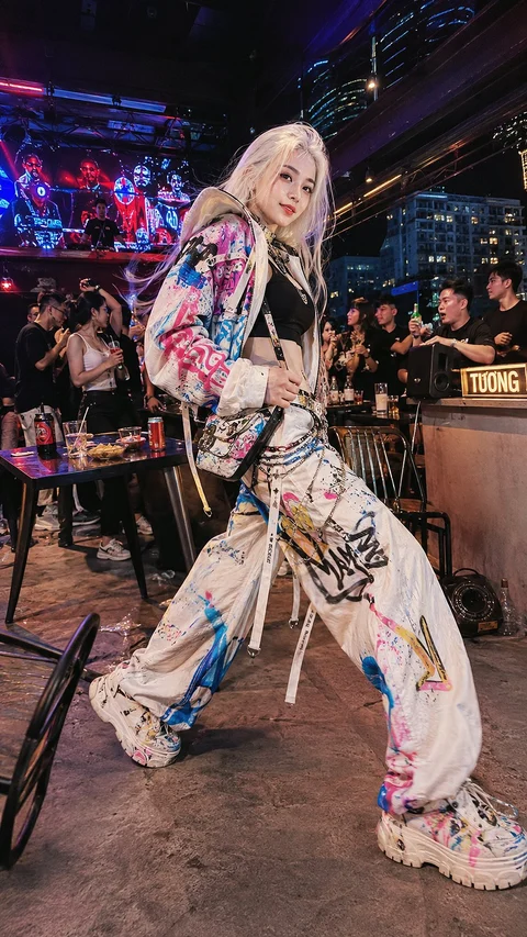 A blonde woman in patterned oversized streetwear poses among people under colorful nightclub lighting.