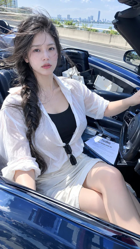 A person in a white shirt and black top sits in an open blue convertible beside a roadway.