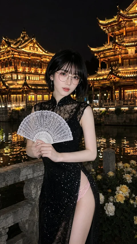 A woman in a black dress holds an open white fan with illuminated traditional buildings behind her at night.
