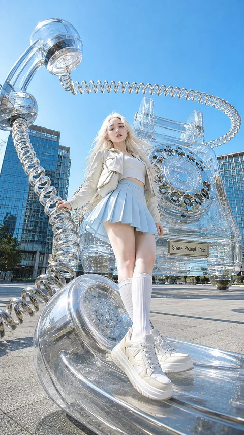 A pale-haired figure in a silver outfit stands among enormous looping chrome structures on a city street.