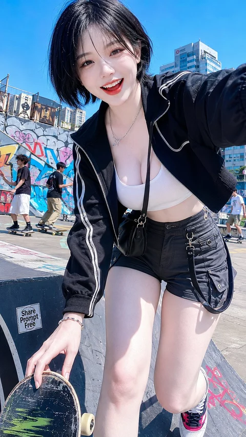 A smiling woman in a dark cropped jacket and shorts holds a skateboard beside a colorful graffiti wall.