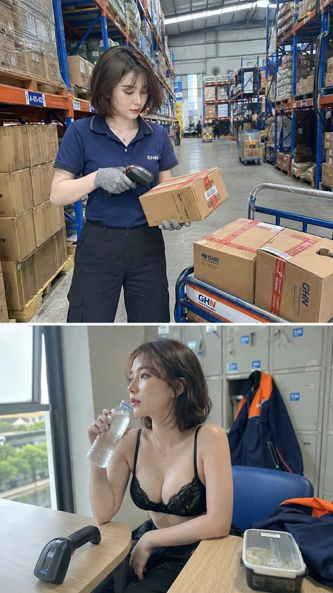 A two-panel collage shows a woman handling a box in a warehouse and sitting with a drink in a workroom.