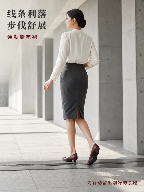 Adult fashion portrait in a white shirt and gray pencil skirt