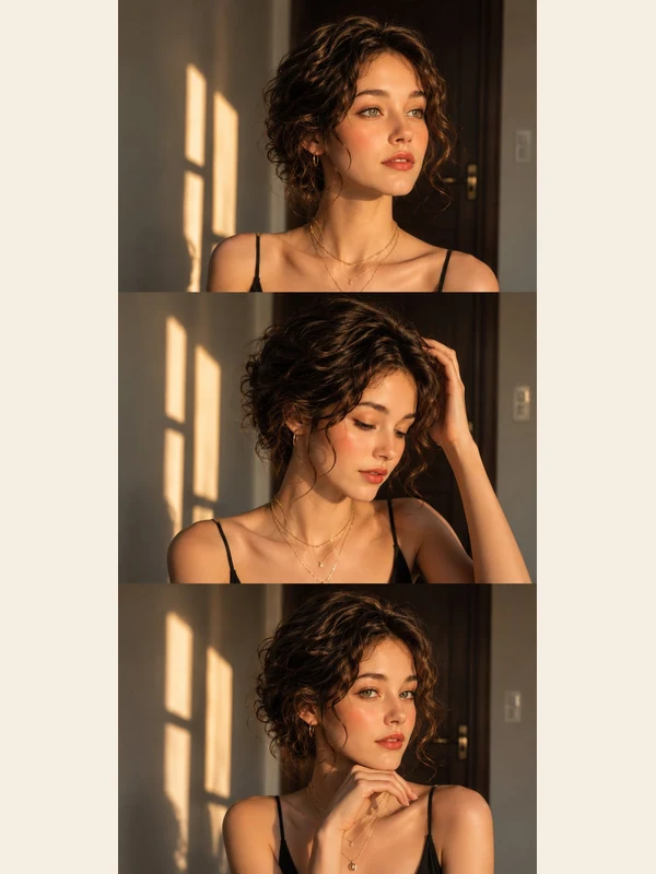Three-panel portrait study of an adult woman with short brown curls