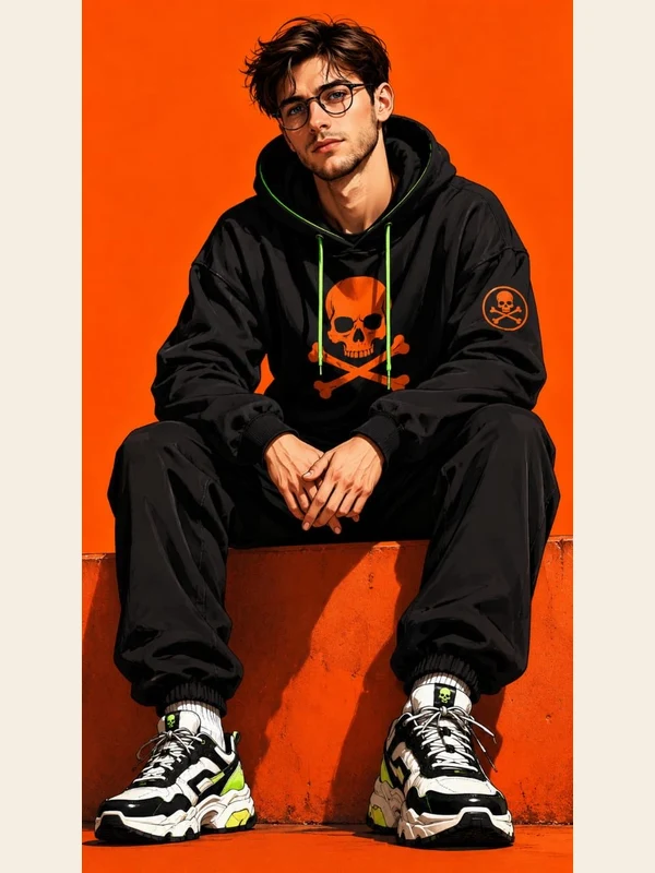 Adult illustrated man in black streetwear against orange