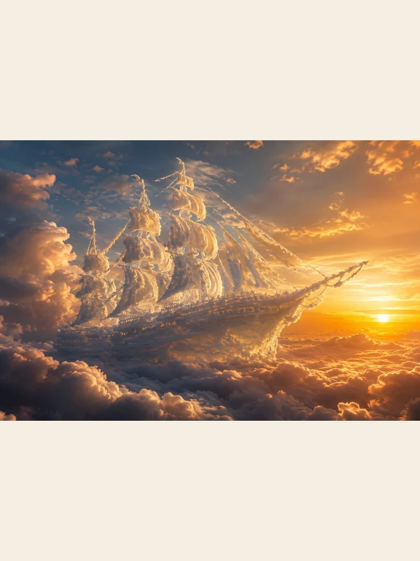 Fantasy sailing ship formed from clouds at golden sunset