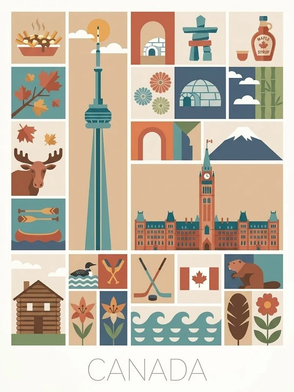 Mid-century Canada travel illustration with landmarks and wildlife