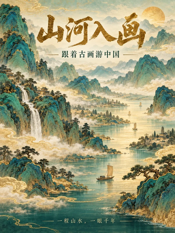 Green and gold illustrated Chinese mountain travel poster