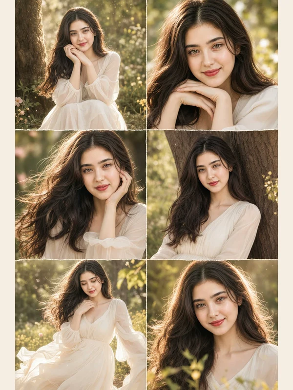 Six-panel adult portrait study in a golden forest